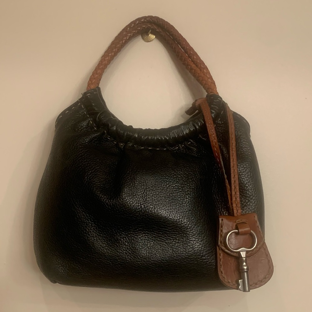 Vintage fossil black/tan trim genuine leather handbag